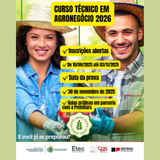 Curso técnico em Agronegócio, que será ofertado pela ETEC Pinda a partir de 2026 com inscrições já aberta